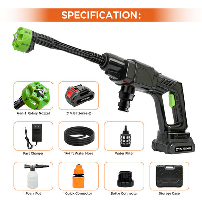 BAOKALER 300W Cordless Pressure Washer, 2.0GPM Portable Power Washer with 6-in-1 Adjustable Nozzle, Power Cleaner with 16.4ft Hose for Cars/Patios
