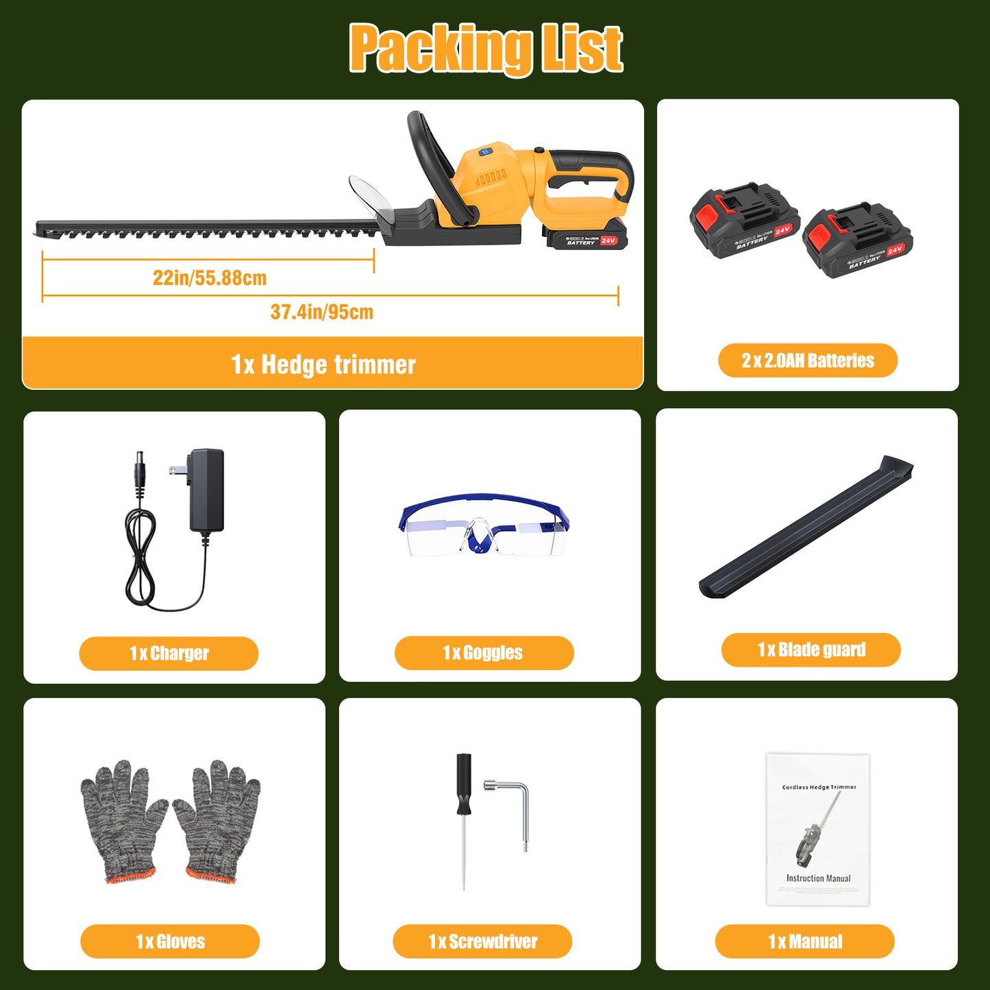 22" Cordless Hedge Trimmer with 180～ Rotatable Head, 21V Electric Bush Trimmer with 2 x 2000mAh Batteries, 1000W 24000r/min Motor, 70Mn Steel Blade for Garden Yard, Yellow