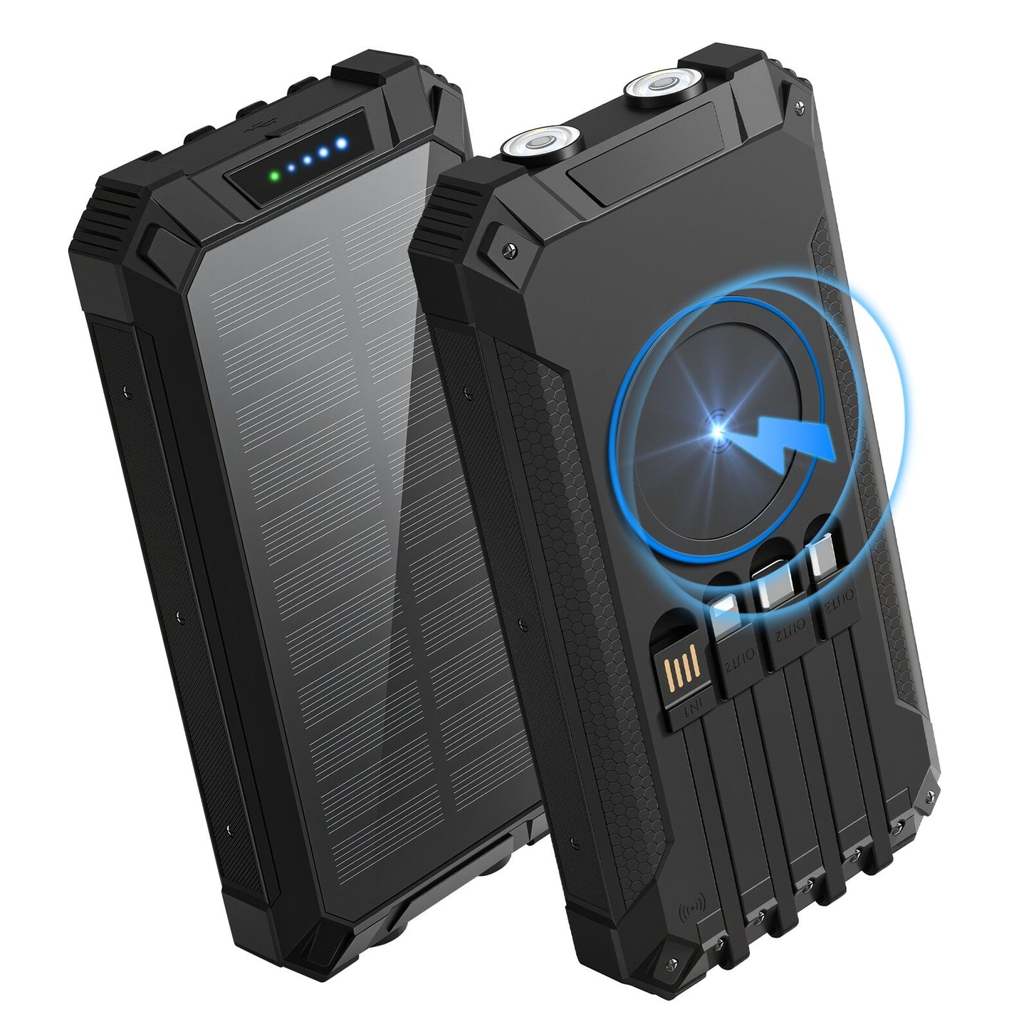 Power Bank Wireless Charger 46800mAh Built in 4 Cables Six Outputs 15W Fast Charging Power Bank for All Mobile Devices Three Inputs Solar Portable Charger with Dual Flashlights, Carabiner(Black)