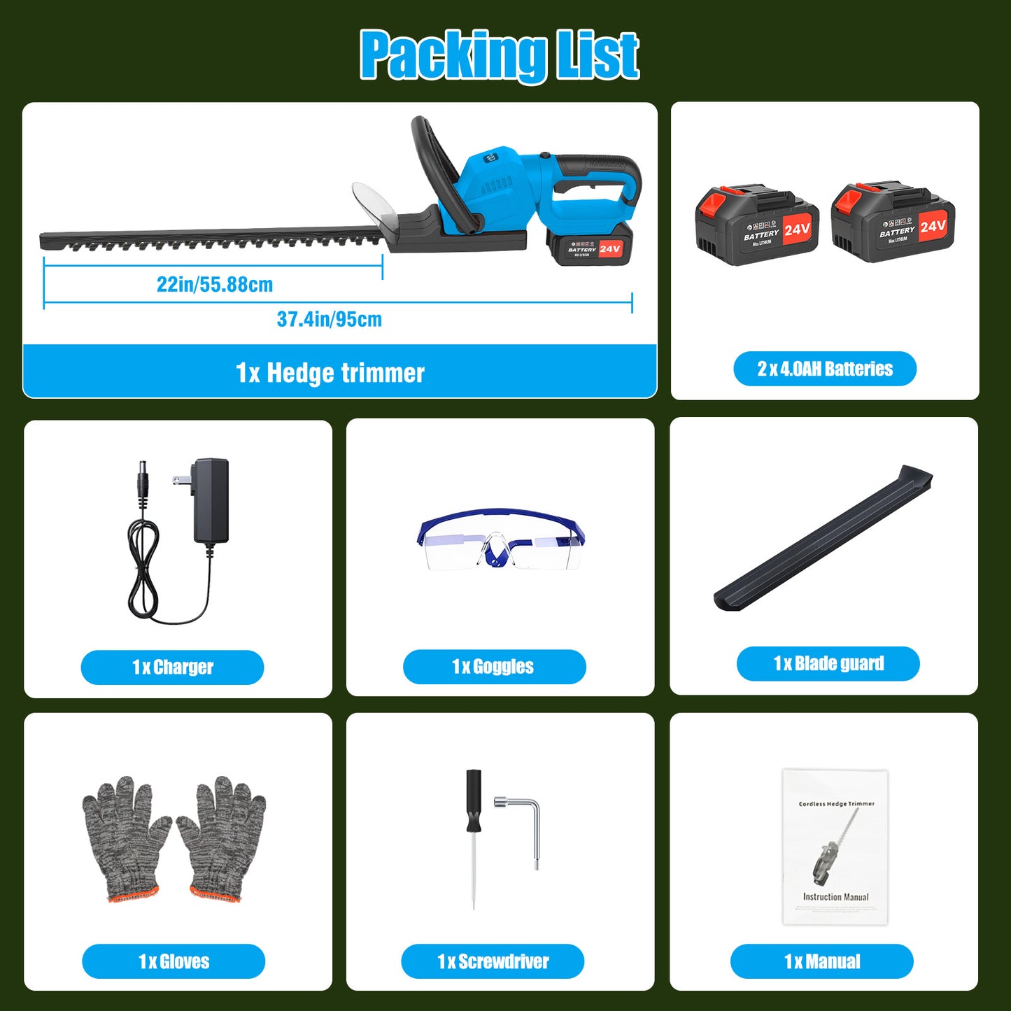 22" Cordless Hedge Trimmer with 180～ Rotatable Head, 21V Electric Bush Trimmer with 2 x 4000mAh Batteries, 1000W 24000r/min Motor, 66Mn Steel Blade for Garden Yard, Blue