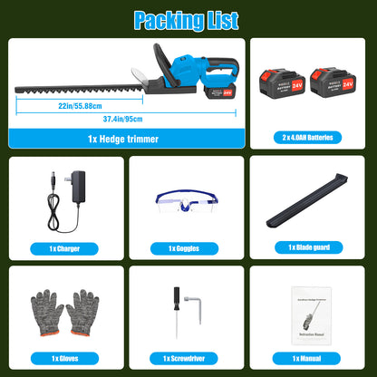 22" Cordless Hedge Trimmer with 180～ Rotatable Head, 21V Electric Bush Trimmer with 2 x 4000mAh Batteries, 1000W 24000r/min Motor, 66Mn Steel Blade for Garden Yard, Blue