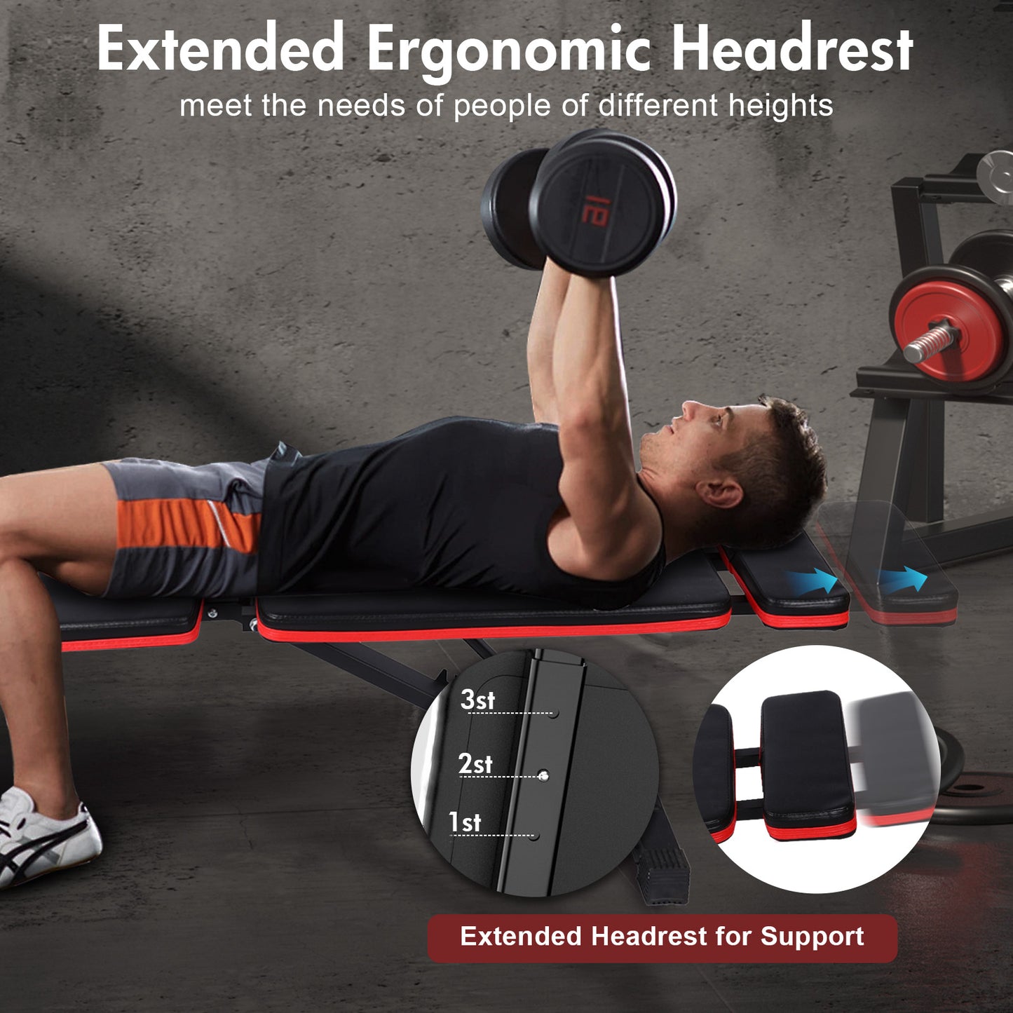 Weight Bench with Extended Headrest and Leg Extension, 7 Levels Adjustable and Foldable Workout Bench, 770 lbs, Incline & Decline Models Dumbbell Bench for Body Strength Training