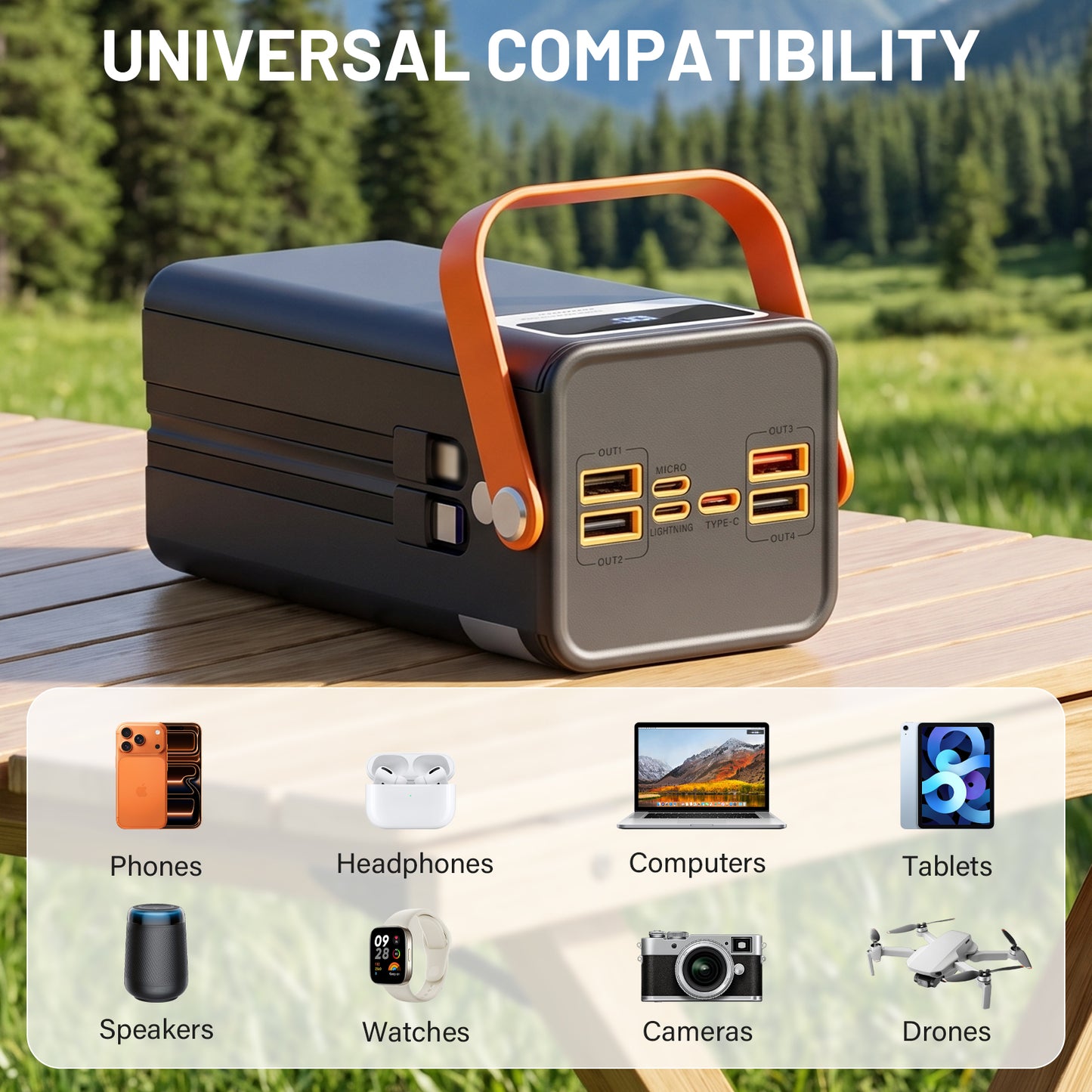 70000mAh Solar Power Bank, 22.5W Fast Charging Power Bank with Dual Built-in Cables, Solar Phone Charger & Solar Battery Charger, 7-Output 3-Input LCD SOS Light for Outdoor Camping (Black)