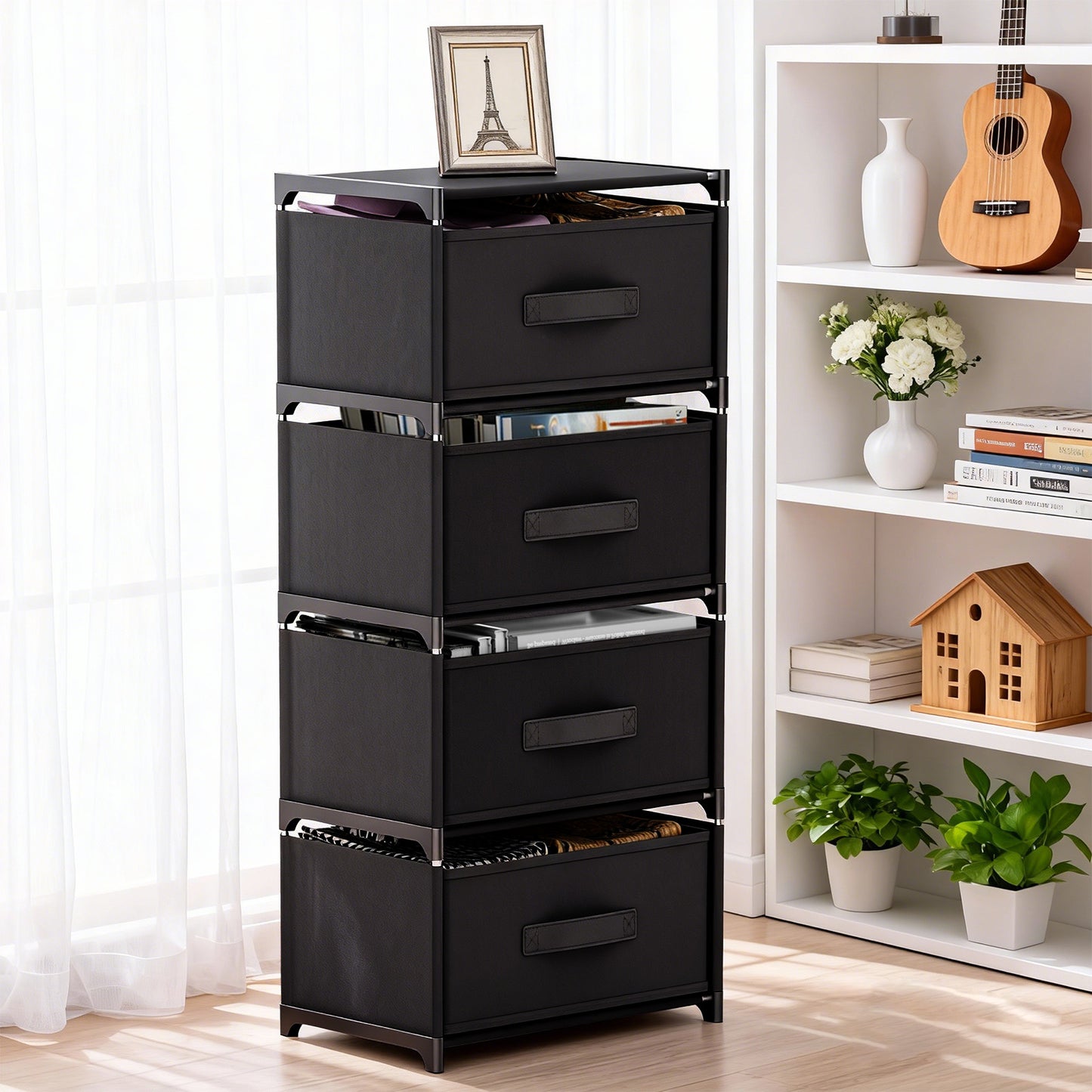 CATGOOD Fabric Dressers for Bedroom with 4 Drawers, Multifunctional Bedroom Storage Cabinet Drawers for Clothes, Small Dresser for Living Room, Hallway, Black
