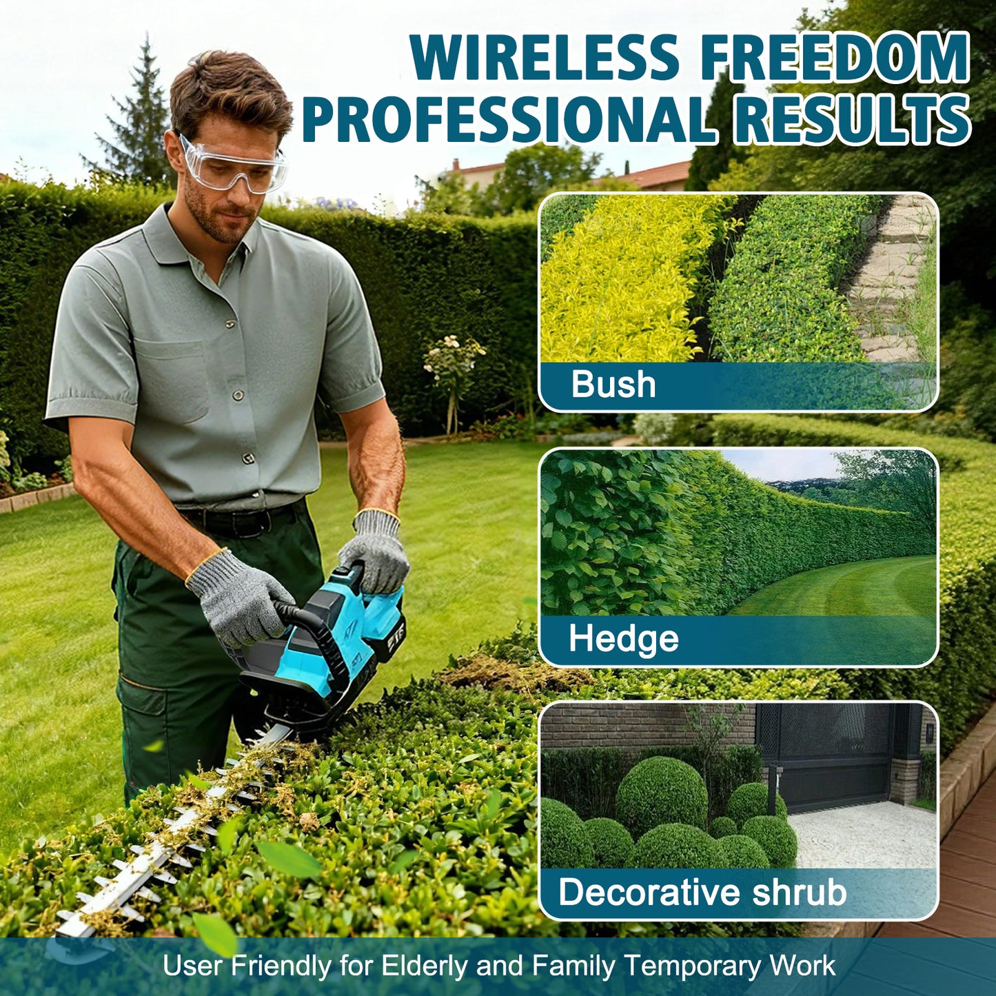 Baokaler 22" Cordless Hedge Trimmer, 21V Dual Action Blade Electric Bush Shrub Trimmer, 4.0Ah Battery & Charger, Blue