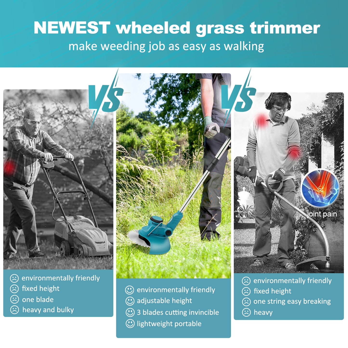 Electric Cordless Weed Eater,24V 850W Cordless Weed Wacker String Trimmer, Grass Trimmer with Rechargeable Battery, Blue