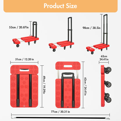 BAOKALER Folding Hand Truck, Heavy Duty Dolly Cart, Push Dolly Cart Foldable Platform with 6 Wheels, Red