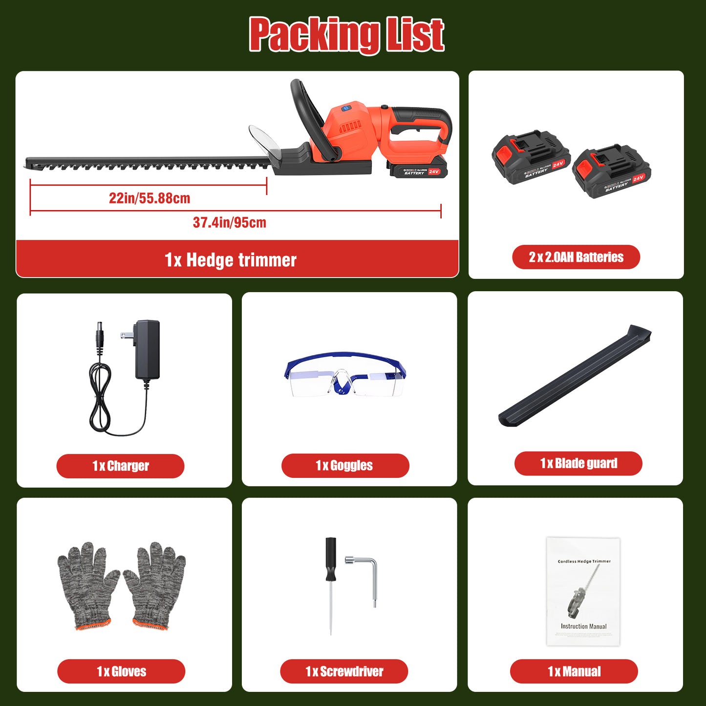 22" Cordless Hedge Trimmer with 180～ Rotatable Head, 21V Electric Bush Trimmer with 2 x 2000mAh Batteries, 1000W 24000r/min Motor, 69Mn Steel Blade for Garden Yard, Red