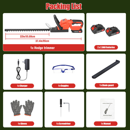 22" Cordless Hedge Trimmer with 180～ Rotatable Head, 21V Electric Bush Trimmer with 2 x 2000mAh Batteries, 1000W 24000r/min Motor, 69Mn Steel Blade for Garden Yard, Red