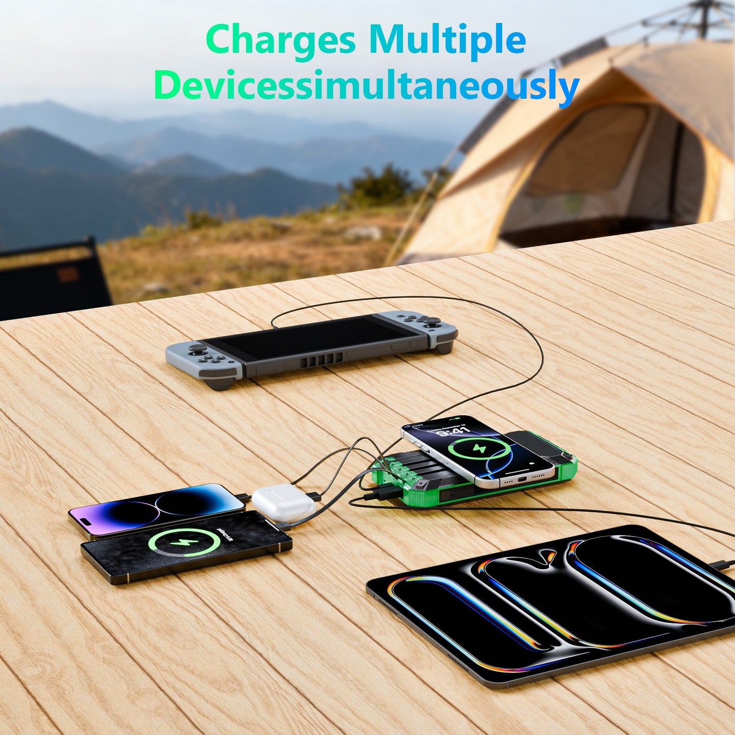 2PK Power Bank Wireless Charger 46800mAh Built in 4 Cables Six Outputs 15W Fast Charging Power Bank for All Mobile Devices Three Inputs Solar Portable Charger with Dual Flashlights, Carabiner(Green)
