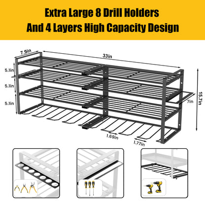 CATGOOD Power Tool Organizer, 8 Drill Holder Wall Mount, 4 Layer Heavy Duty Metal Tool Storage Rack, Battery Tools Holder Shelf,Utility Tool Shelves for Workshop or Garage, Black