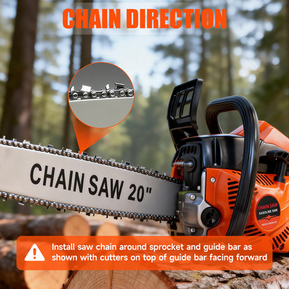 BAOKALER Cordless Gas Chainsaw 20-Inch 62CC, 2-Stroke Engine for Wood Cutting, EPA Certified with 2 Chains, Orange