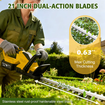 Baokaler 22" Cordless Hedge Trimmer, 21V Dual Action Blade Electric Bush Shrub Trimmer, 4.0Ah Battery & Charger, Yellow