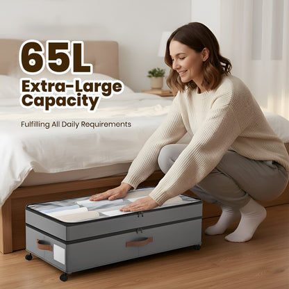 Under Bed Storage with Wheels, 2 Packs Large Underbed Organizer with Lid, 10'' Adjustable Height Shoes Containers Clothes Rolling Bin for Bedroom Dorm, Gray