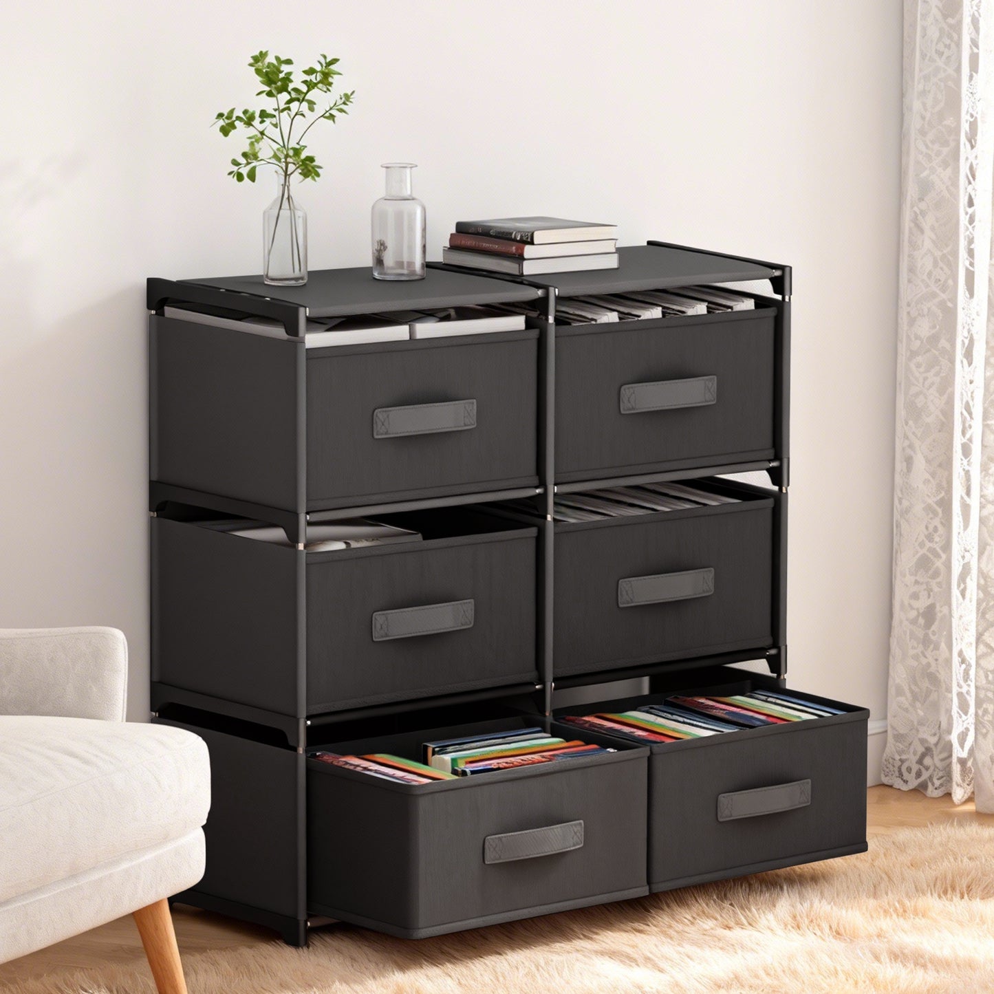 BAOKALER Double Row Non-Woven Fabric Dresser with 6 Drawers, Clothes Drawer Dresser for Bedroom, Hallway, Entryway, Closets, Sturdy Steel Frame, Wood Top, Black