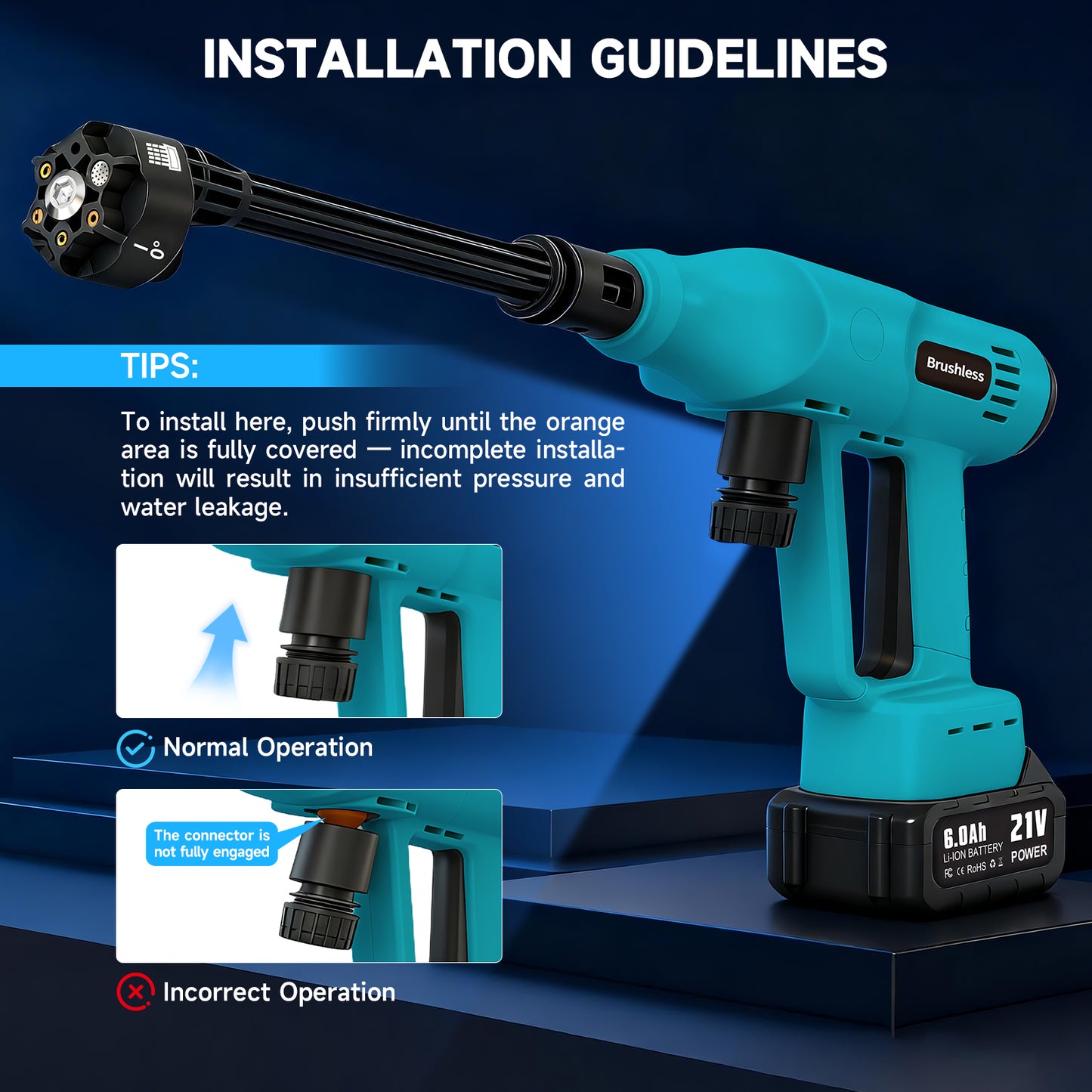 Cordless Pressure Washer, 700PSI Portable Power Washer with LED Display, 2.1GPM Power Cleaner with 6-in-1 Adjustable Nozzle, 16.4ft Hose for Cars/Patios, Blue