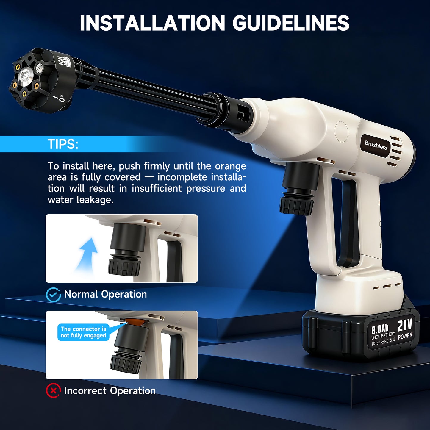 Cordless Pressure Washer, 700PSI Portable Power Washer with LED Display, 2.1GPMPower Cleaner with 6-in-1 Adjustable Nozzle, 16.4ft Hose for Cars/Patios, White