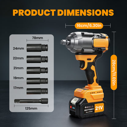 1000Nm Cordless Impact Wrench, 21V Impact Wrench 1/2 inch, High Efficiency Brushless Motor with Fast Charger and 2 x 3.0Ah Battery
