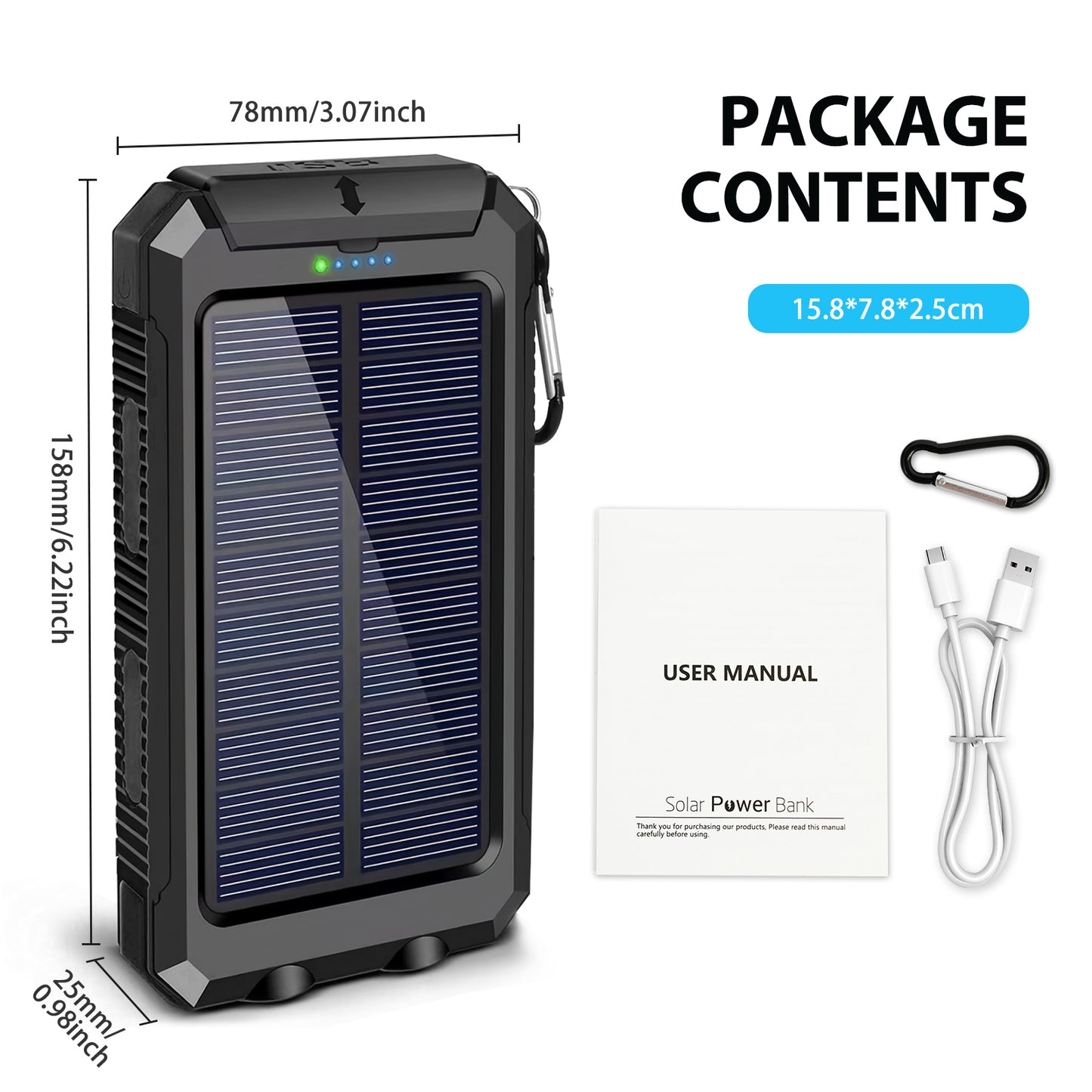 2PK BAOKALER 30000mAh Solar Charger for Cell Phone iPhone, Portable Solar Power Bank with Dual 5V USB Ports, 2 Led Light Flashlight, Compass Battery Pack for Outdoor Camping Hiking(Black)