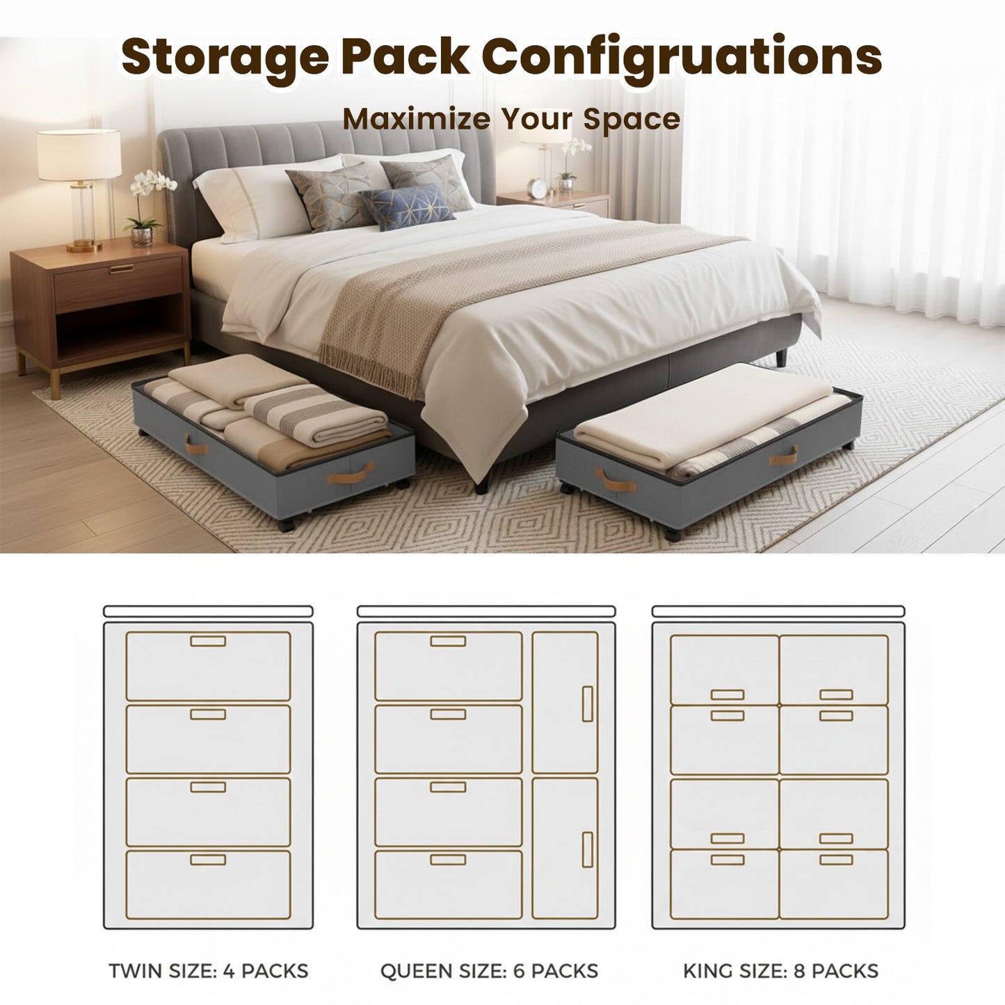 Under Bed Storage with Wheels, 2 Packs Large Underbed Organizer with Lid, 10'' Adjustable Height Shoes Containers Clothes Rolling Bin for Bedroom Dorm, Gray