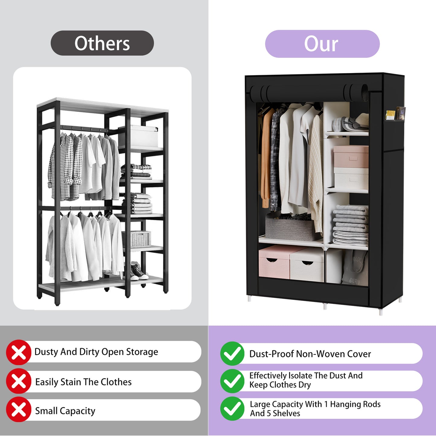 BAOKALER Portable Closet Organizer with 6 Shelves & 1 Hanging Rod, Non-woven Fabric Wardrobe Clothes Storage with 4 Side Pockets for Bedroom, Living Room, Cloakroom, Dorm, Apartment, Black