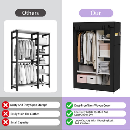 BAOKALER Portable Closet Organizer with 6 Shelves & 1 Hanging Rod, Non-woven Fabric Wardrobe Clothes Storage with 4 Side Pockets for Bedroom, Living Room, Cloakroom, Dorm, Apartment, Black