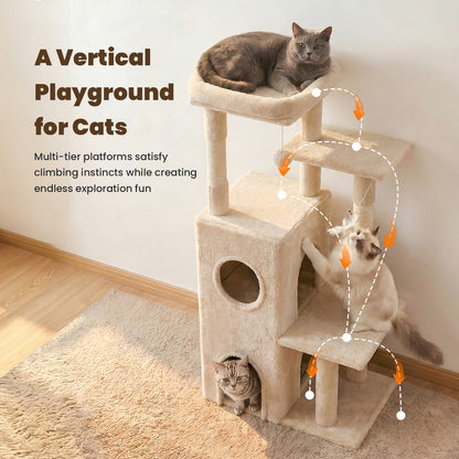 50-inch Large Cat Tree for Adult Cats, Multi-Level Cat Condo with 2 Cozy Caves, Steps, Sisal Scratching Posts & Toys, Beige