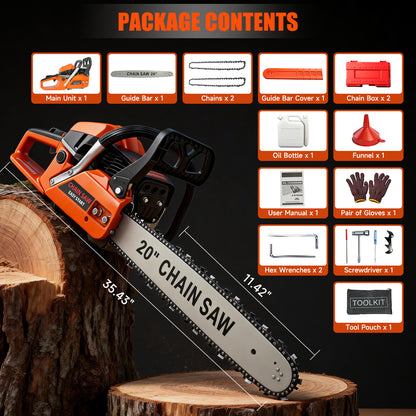 BAOKALER Cordless Gas Chainsaw 20-Inch 62CC, 2-Stroke Engine for Wood Cutting, EPA Certified with 2 Chains, Orange