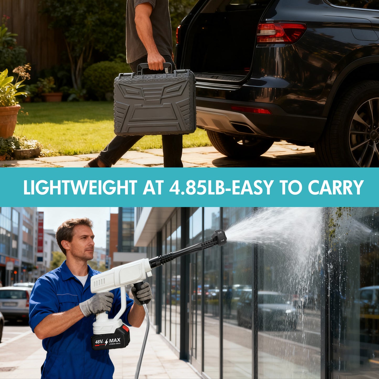 BAOKALER Cordless Pressure Washer, 970PSI Portable Power Washer with 4AH Battery, 6 in 1 Nozzle Electric High Power Washer with Brushless Motor, White