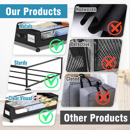 Under Bed Storage with Wheels, 2-Pack Under the Bed Storage Containers with Clear Lids & Label, Underbed Storage Bins, XXL 60L Rolling Metal Drawer for Clothes, Shoes, Toys, Books - Black