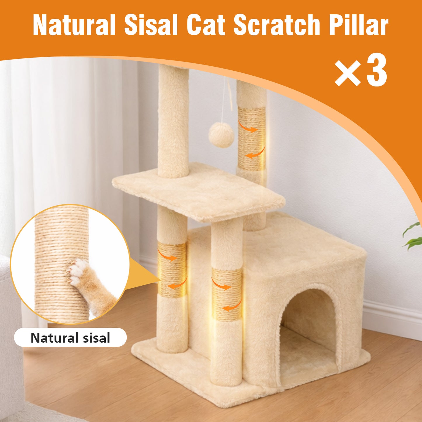 Cat Tree, Multi-Level Cat Tree Tower, Indoor Activity Center with Sisal Scratching Posts, Condos, Plush Perches, Hanging Cat Toys, Beige
