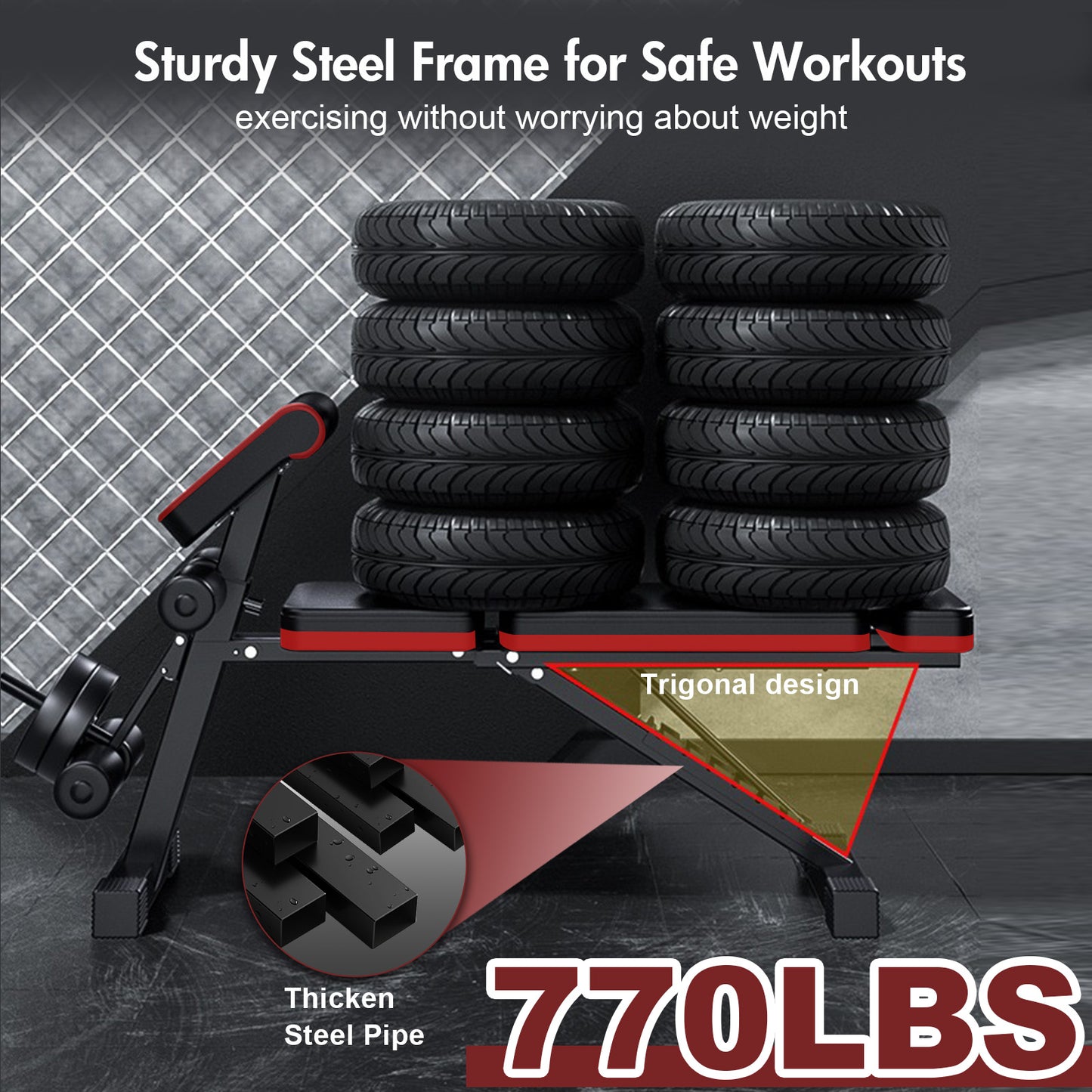 Weight Bench with Extended Headrest and Leg Extension, 7 Levels Adjustable and Foldable Workout Bench, 770 lbs, Incline & Decline Models Dumbbell Bench for Body Strength Training