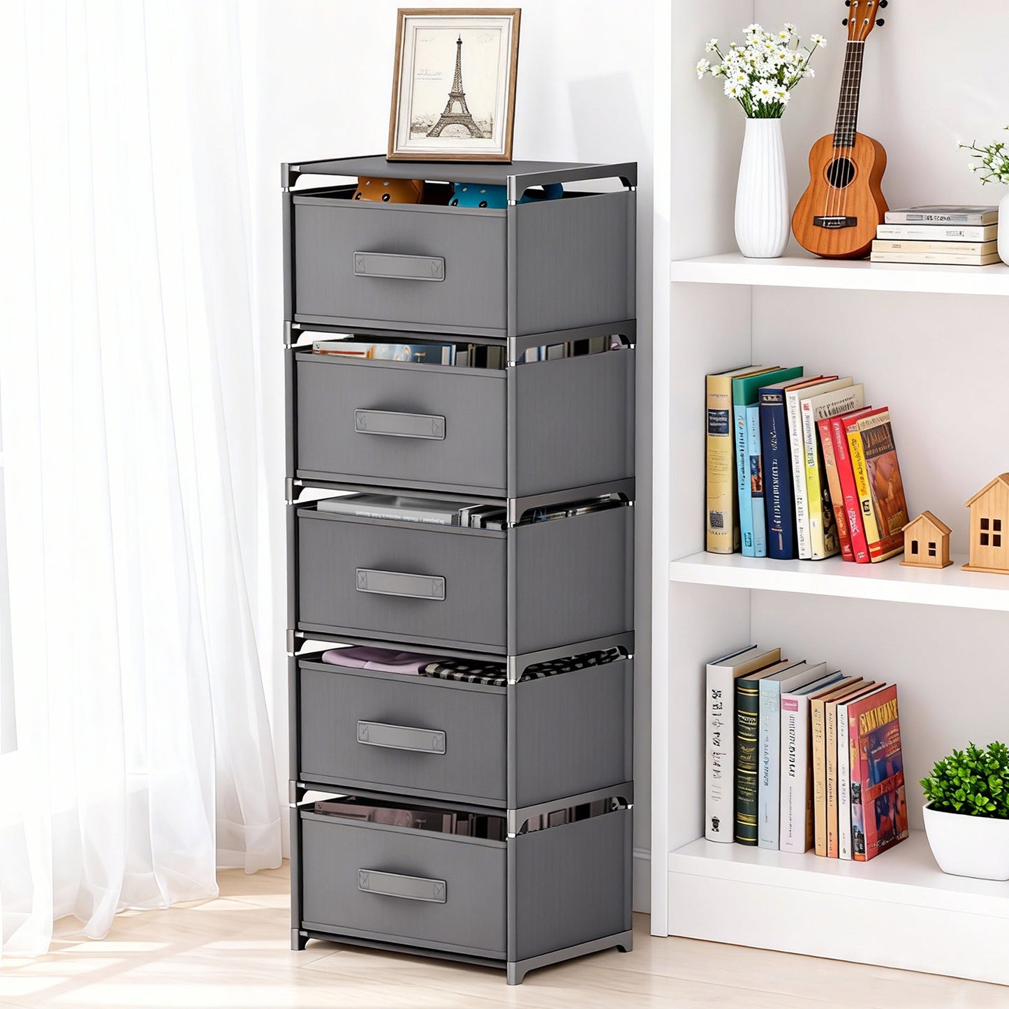 BAOKALER Multifunctional Bedroom Storage Cabinet Drawers for Clothes, Fabric Dressers for Bedroom with 5 Drawers, Small Dresser for Living Room, Hallway, Gray