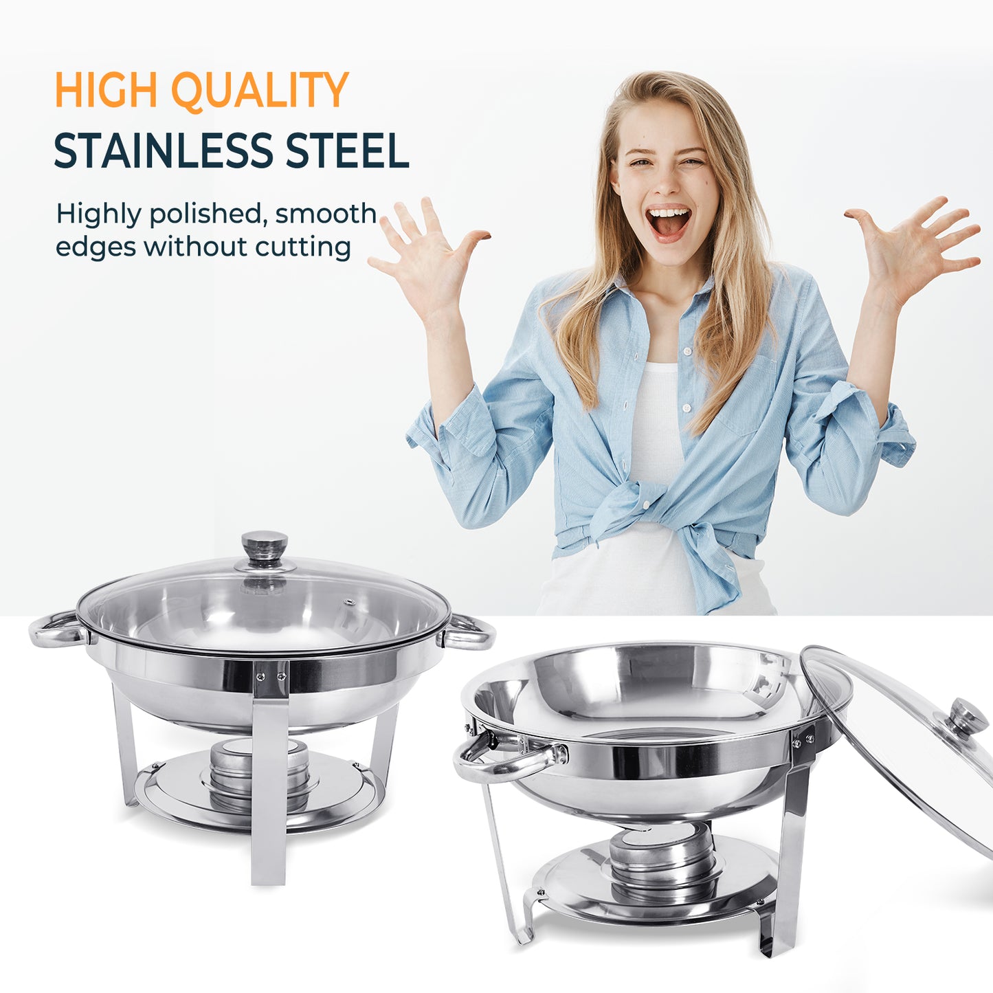 Chafing Dish Buffet Set, 5 Qt 2 Pack, Stainless Steel Chafer with 2 Full Size Pan, Round Catering Warmer Server with Glass Lid Water Pan Folding Stand Fuel Holder, for Wedding Party Banquet