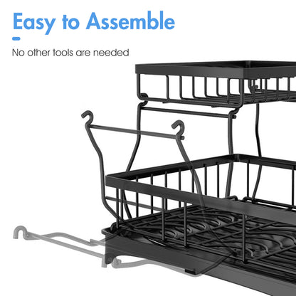 Dish Drying Rack for Kitchen Counter, Detachable Large Capacity Dish Drainer Organizer with Utensil Holder, 2-Tier Dish Drying Rack with Drain Board, Black