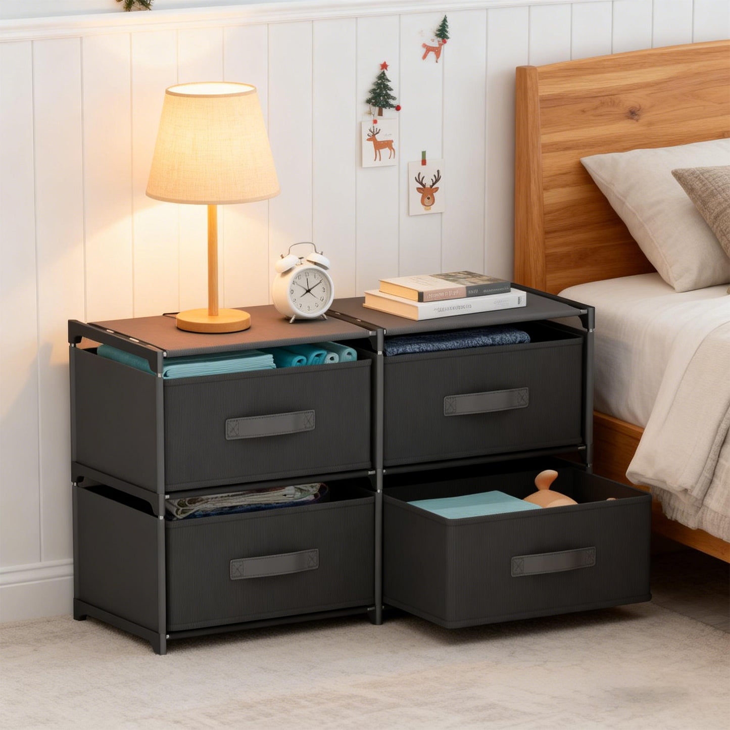 BAOKALER Double Row Non-Woven Fabric Dresser with 4 Drawers, Clothes Drawer Dresser for Bedroom, Hallway, Entryway, Closets, Sturdy Steel Frame, Wood Top, Black
