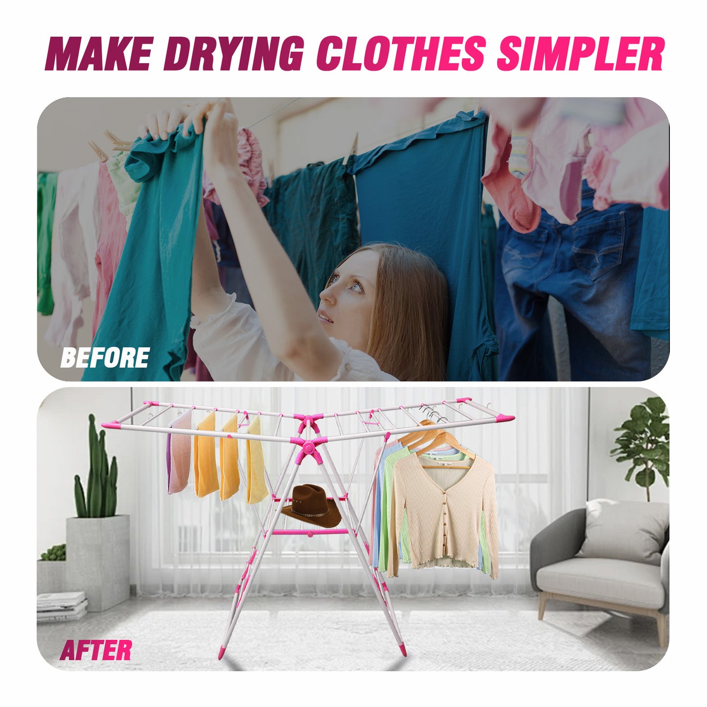 2-Tier Winged Collapsible Clothes Hanger, Stainless Steel Indoor/Outdoor Clothes Drying Rack, Space-Saving, Red