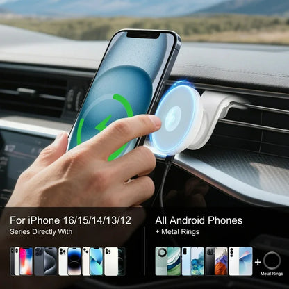 Magnetic Car Mount Charger for Mag-Safe,15W Fast Wireless Car Charger, 360¡ã Rotating Magnetic Phone Holder for Car Air Vent, Compatible with iPhone 17 16 15 14 13 12,Car Accessories,White
