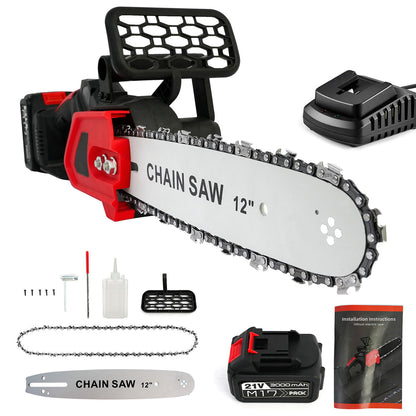 BAOKALER 12" Cordless Chainsaw, 950W Brushless Motor Battery Chain Saw with 2PCS 21V Rechargeable 3.0Ah Battery and Charger for Wood Cutting