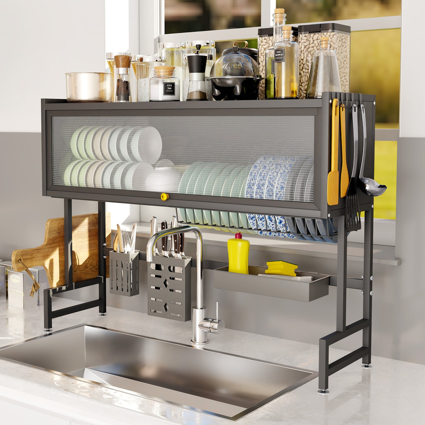 Stainless Steel Dish Drying Rack Over Sink, Black, Dustproof Dish Racks for Kitchen Counter Black, Length-29.53"