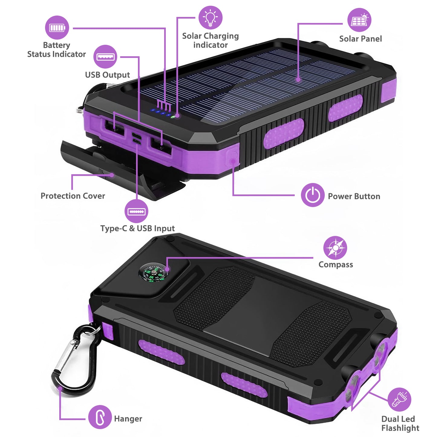 BAOKALER 30000mAh Solar Charger for Cell Phone iPhone, Portable Solar Power Bank with Dual 5V USB Ports, 2 Led Light Flashlight For emergency , Compass Battery Pack for Outdoor Camping Hiking(Purple)