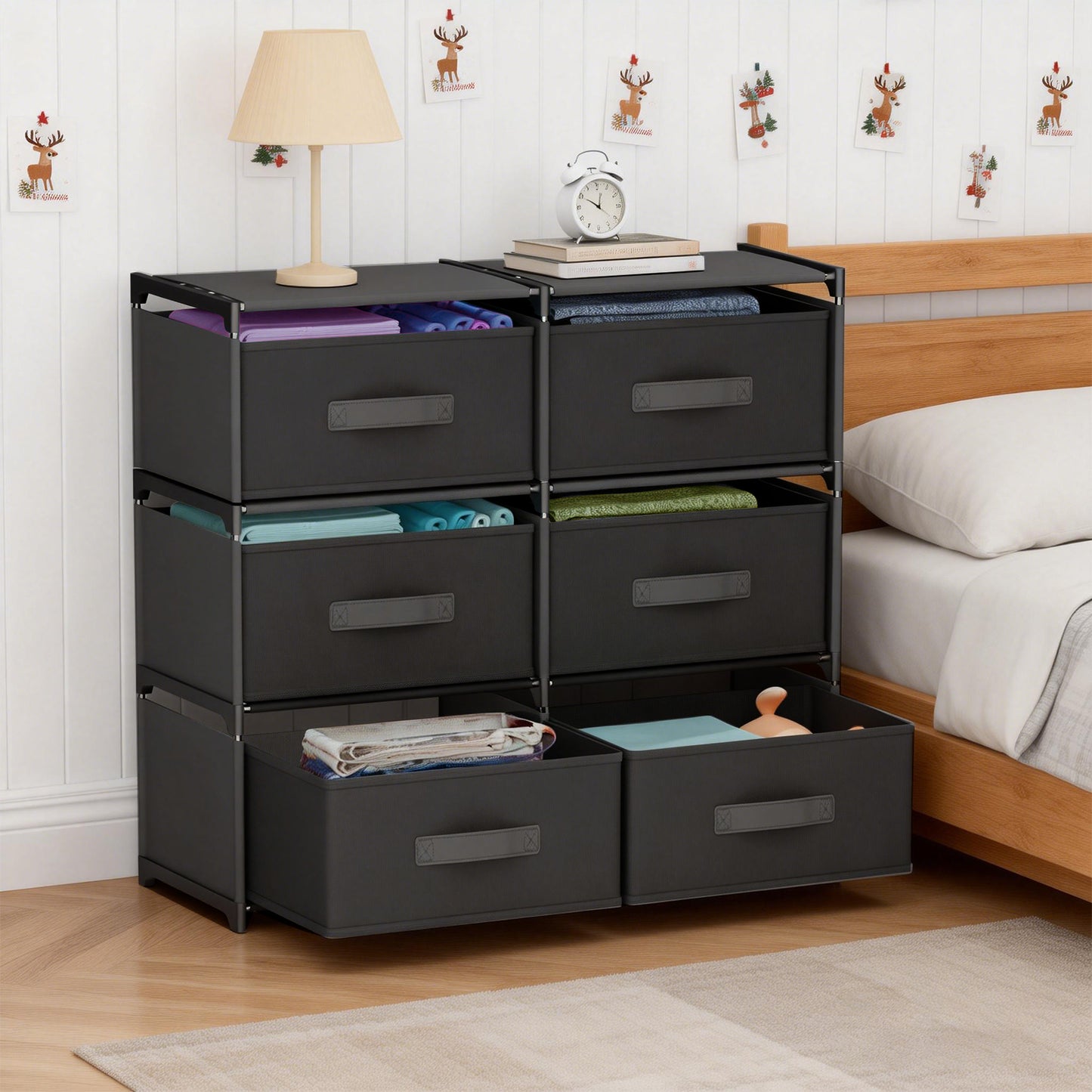 BAOKALER Double Row Non-Woven Fabric Dresser with 6 Drawers, Clothes Drawer Dresser for Bedroom, Hallway, Entryway, Closets, Sturdy Steel Frame, Wood Top, Black