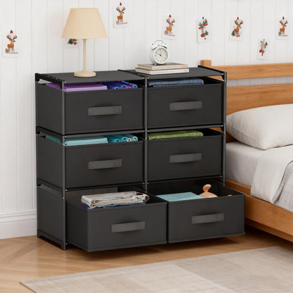 BAOKALER Double Row Non-Woven Fabric Dresser with 6 Drawers, Clothes Drawer Dresser for Bedroom, Hallway, Entryway, Closets, Sturdy Steel Frame, Wood Top, Black