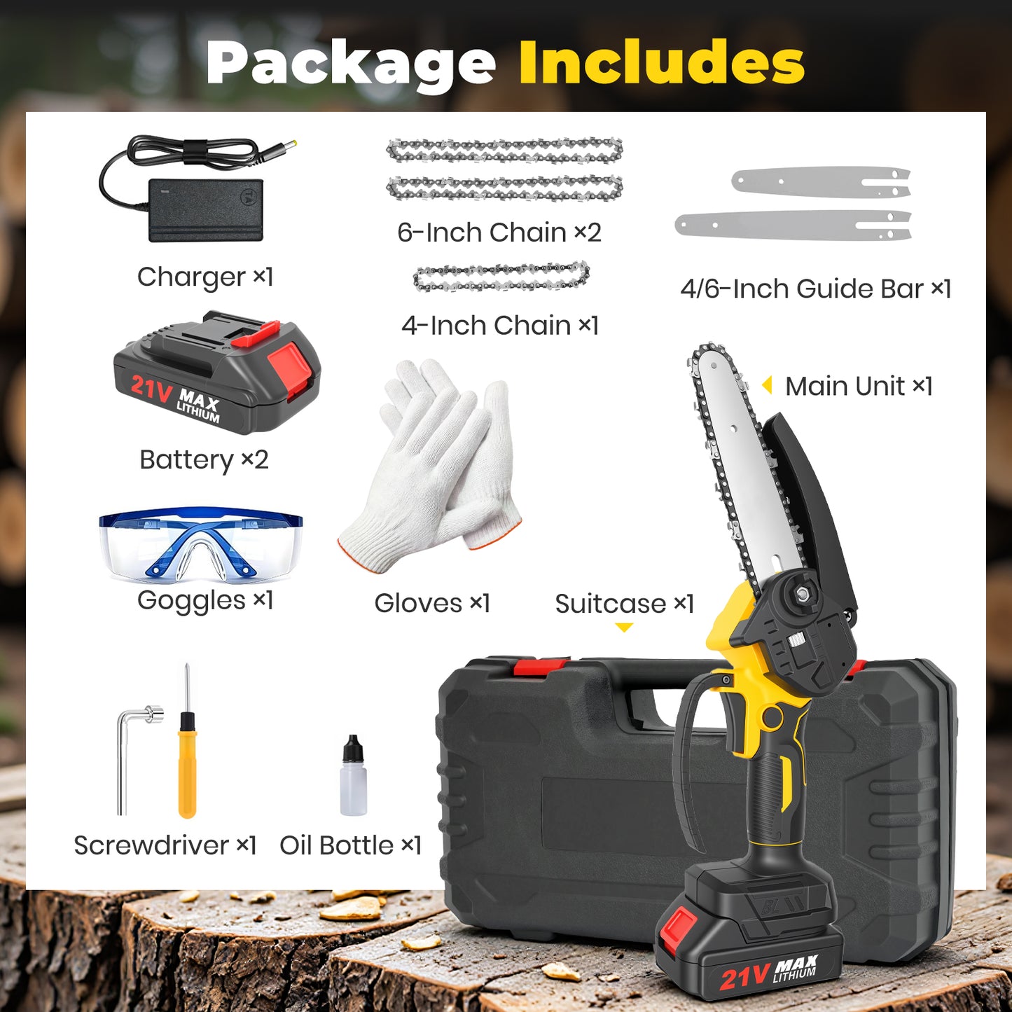 Mini Chainsaw Cordless, 6 inch & 4 inch Portable Electric Chainsaw with 2 Rechargeable Batteries and 3 Chains, for Tree Trimming Wood Cutting, Best Gifts for Father, Dad, Husband, Men, Yellow