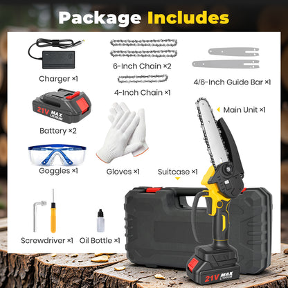 Mini Chainsaw Cordless, 6 inch & 4 inch Portable Electric Chainsaw with 2 Rechargeable Batteries and 3 Chains, for Tree Trimming Wood Cutting, Best Gifts for Father, Dad, Husband, Men, Yellow