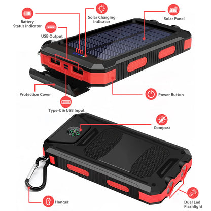 2PK BAOKALER 30000mAh Solar Charger for Cell Phone iPhone, Portable Solar Power Bank with Dual 5V USB Ports, 2 Led Light Flashlight, Compass Battery Pack for Outdoor Camping Hiking(Red)