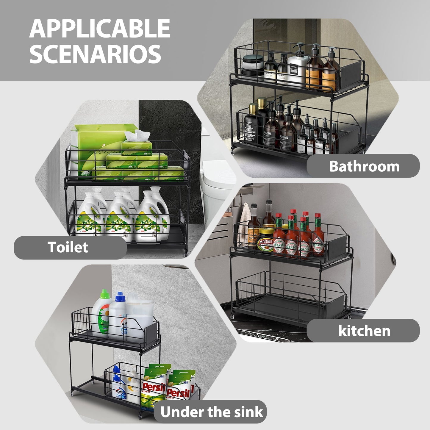 Sliding Cabinet Basket Organizer, Bathroom Organizer Under Sink Shelf, Under Kitchen Cabinet Organizer, 2 Tier Multi-purpose Under Sink Storage Rack, Black