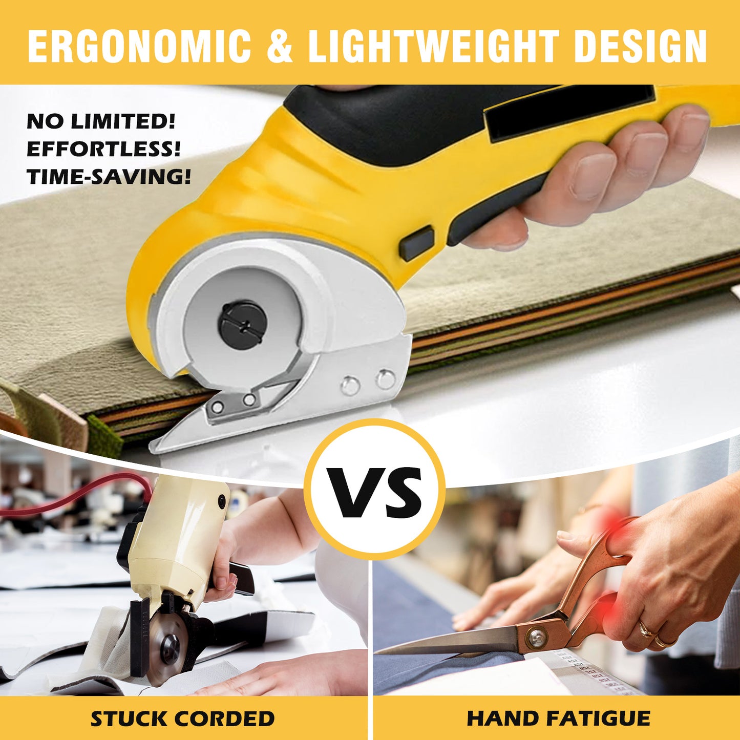 Cordless Electric Scissors, Cardboard Cutter, Rechargeable Powerful 4V Scissor Cutting Tool for Cardboard, Fabric, Leather, Yellow