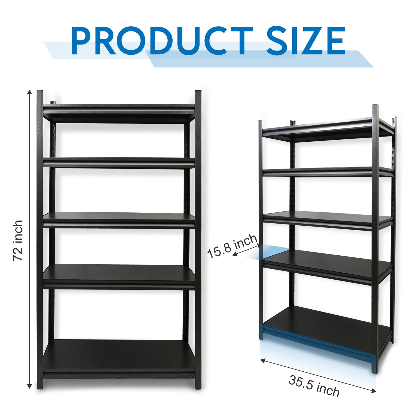 5 Tier 72"H Garage Shelving 2000LBS Heavy Duty Garage Storage Shelves Adjustable Metal Shelving Unit for Garage Storage Rack Industrial Utility Shelf 15.7" D X 35.4" W X 72" H, Black