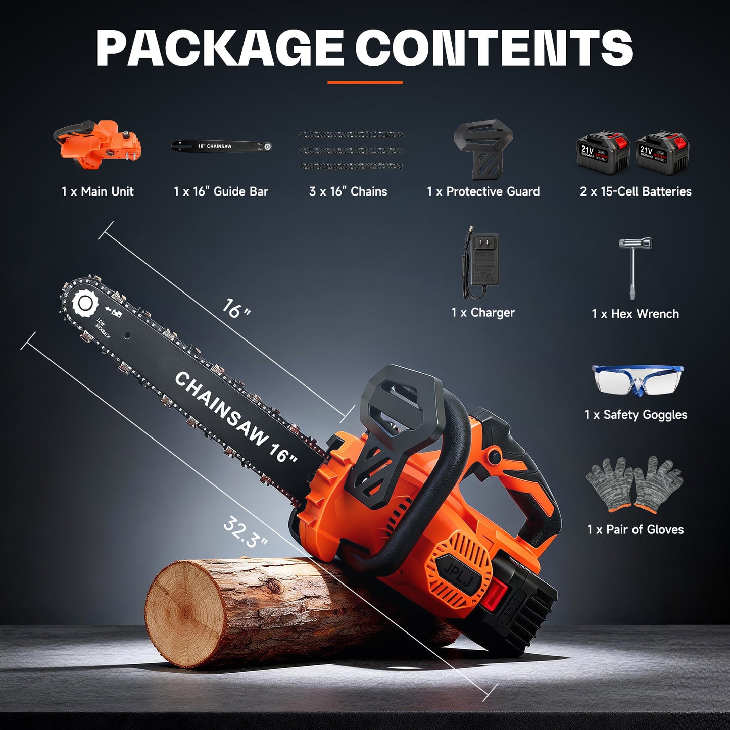 Brushless 16-Inch Chainsaw Cordless with 2×6.0Ah Batteries, Electric Chainsaw with 3 Chains, for Wood Cutting and Yard Work